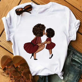 Poppin Mama Marškinėliai madinga Marškinėliai Moterims Juodosios Afrikos Garbanotais Plaukais mergina Spausdinti Marškinėlius Femme Harajuku Drabužius Moterų marškinėliai Topai