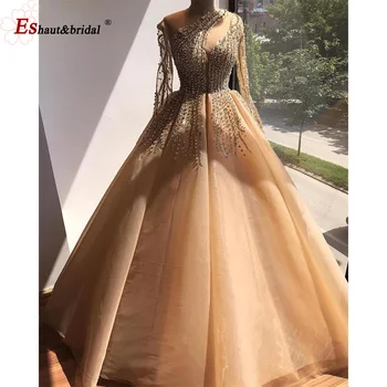 Prabanga Dubajus Vakarinę Suknelę 2020 M., O Kaklo, Ilgomis Rankovėmis Deimantų Kristalų Blizgančiais Rankų Darbo Oficialią Šalies Vestuvių Suknelės