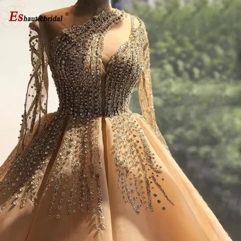 Prabanga Dubajus Vakarinę Suknelę 2020 M., O Kaklo, Ilgomis Rankovėmis Deimantų Kristalų Blizgančiais Rankų Darbo Oficialią Šalies Vestuvių Suknelės