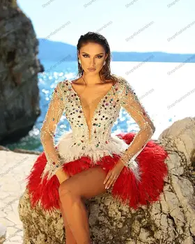 Prabanga Duobute Crystal Mini Kokteilių Suknelės Seksualus Iliuzija Rankovėmis V-kaklo, Trumpas Šalis, Chalatai Spalvingų Plunksnų vakarinę Suknelę