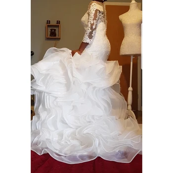 Prabanga Undinė Vestuvių Suknelė Vestuvių Suknelė Afrikos 2019 Naujas Off Peties Tiulio Ilgomis Rankovėmis Nėrinių Aplikacijos Vestuvių Suknelės Pagal Užsakymą