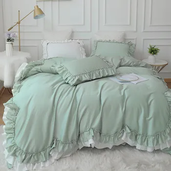 Prabangus patalynės komplektas queen ' king size Green nėrinių pynimas antklode padengti lova sijonas užvalkalas princesė Patalynė, lovatiesė Egipto Medvilnės