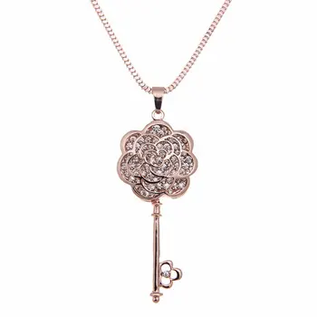 Prabangūs Žinomų Prekės ženklų Dizaino Gėlių Raktų Pakabukas Ilgi Karoliai Moterų Rose Gold Jewelry Femalel Megztinis grandinės Karoliai