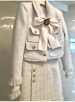 Prekės Lady Vilna 2 Dalių Komplektas 2019 Žiemos Moterys Diamond Bow Aukso Vieno Krūtinėmis Trumpas Tvido Švarkas Kailis+Kutas Pieštuku Sijonas Kostiumas