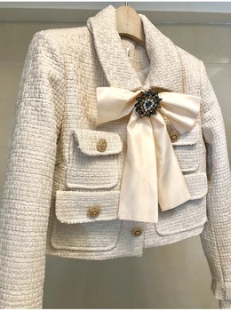 Prekės Lady Vilna 2 Dalių Komplektas 2019 Žiemos Moterys Diamond Bow Aukso Vieno Krūtinėmis Trumpas Tvido Švarkas Kailis+Kutas Pieštuku Sijonas Kostiumas