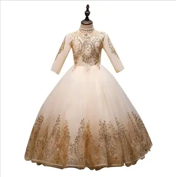 Princesė Dress Golded China Nėrinių Gėlių Mergaičių Suknelės, Vaikų Drabužiai Oficialų Vakare Šalies Vestuvių Suknelė Mergaitėms Prom Chalatai
