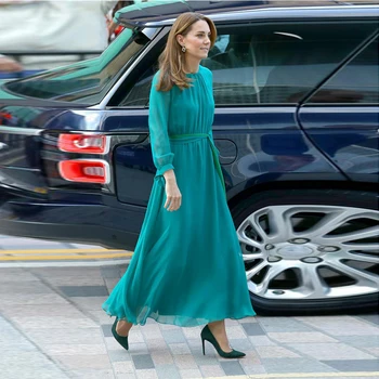 Princesė Kate Middleton 2020 M. Pavasario Vasaros Naują Ilgą Šifono Suknelę Aukštos Kokybės Moterų Šalis Šalis Atsitiktinis Lankas Slim Tiulio Suknelė