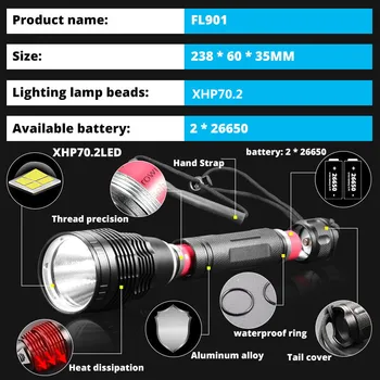 Profesinės XHP70.2 Nardymas Šviesos IPX8 Vandeniui Povandeninio Nardymo Žibintuvėlį po vandeniu 300m Žibinto Lempa lanterna Galia 26650