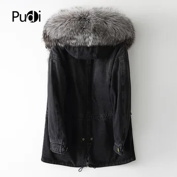PUDI moterų žiemos šiltos tikro kailio parko paltai moterų natūrali lapės kailio apykaklė linijinės paltai striukes, paltas A68659