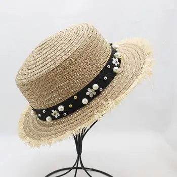 Puikus Butas Viršaus Šiaudų Skrybėlę Vasarą, Pavasarį Moterų Panama Kepurė laisvalaikio Pearl Beach Sun Skrybėlės Kvėpuojantis Mados Gėlių Mergaitė Skrybėlės