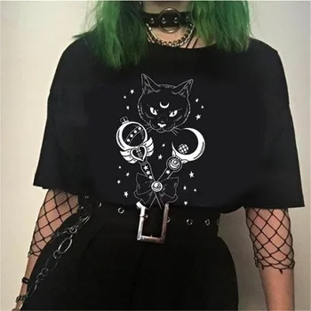 Punk, Gothic Moterys T-Shirt Kawaii Animacinių Filmų Spausdinti Trumpas Rankovės O-Kaklo Prarasti Viršuje Tee Harajuku Mados Tamsiai Grunge Estetinės Marškinėliai