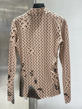 Pusmėnulio modelio spausdinimo raundo kaklo megztinis mezgimo ruožas stora montavimo ilgomis rankovėmis T-shirt ladies rudenį naujų mados visas rungtynes viršų
