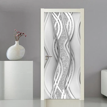 PVC Durų Lipdukas Šiuolaikinės 3D Abstrakčiai Mados Linija Silver Pearl Tapetai Kambarį Meno Durų Plakatas Lipnios Sienų Lipdukai