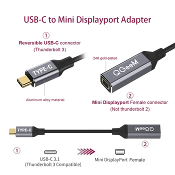 QGeeM USB C Tipo 3.1-Mini-DP-Female Kabelio Adapteris 4K 60HZ HDTV USB C, Mini DP Konverteris, skirtas Macbook HuaWei Mate 10 Samsung S8