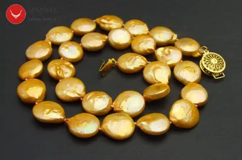 Qingmos Madinga Natūralių Perlų Vėrinį Moterims su 12-13mm Monetos Oranžinės spalvos Gėlavandenių Perlų Chokers Karoliai, Papuošalai 17
