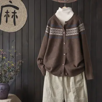 Raglan rankovėmis megzti megztinis žakardo megztinis rudenį, žiemą naujas retro tingus stiliaus striukė moterims