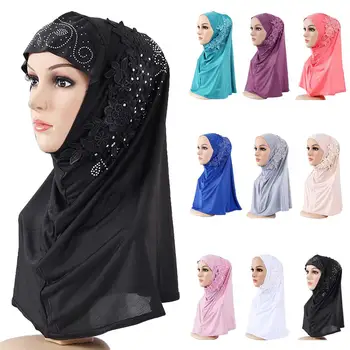 Ramadanas Musulmonų Vienas Gabalas Hijab Islamo Nėrinių Gėlių Šalikas Amira Skarelė Moterų Headwarp Underscarf Kepurės Kaulų Variklio Dangtis, Pilnas Draudimas