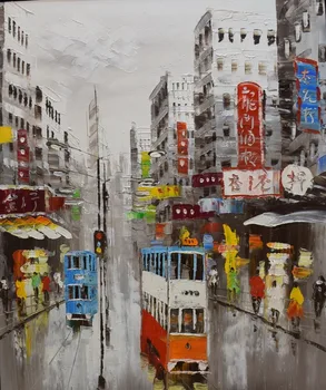 Rankomis Dažyti Peilis Naftos Tapyba ant Drobės Abstrakčiai Honkongo Tramvajai, Gatvės Drobės Tapybos Sienos Meno Nuotrauką Namų Dekoro