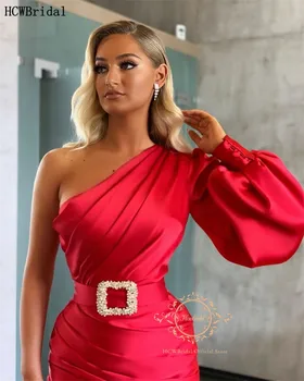 Raudona Vieną Petį Arabų Vakarinę Suknelę Ilgomis Rankovėmis Aukštos Ritininės Satino Undinė Oficialią Suknelės Su Kristalais Aksesuaras Chalatas De Soiree