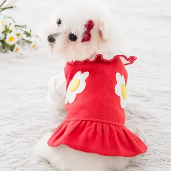 Raudonos Spalvos Šuo Suknelės su Gėlių Dekoracija Šiltas Šuo Paltai Rudens ir Žiemos Dviejų dalių Komplektas Augintinio Sijonas Mažų Šunų Kačių