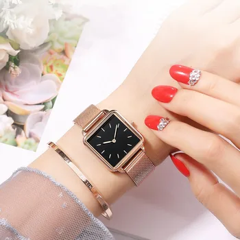 Reloj Mujer Prabanga Moterų Laikrodžiai Rose Gold Paprasta Magnetinio Tinklelio Diržo Juosta Žiūrėti Moterų Mados Aikštė Laikrodis Zegarek Damski