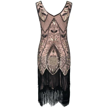 Riaumojimas 1920 Flapper Suknelė Dviguba V-Kaklo, Rankovių Gėlių Lapų Siuvinėjimo Zawalcowany China Suknelė Great Gatsby Dress Kostiumai