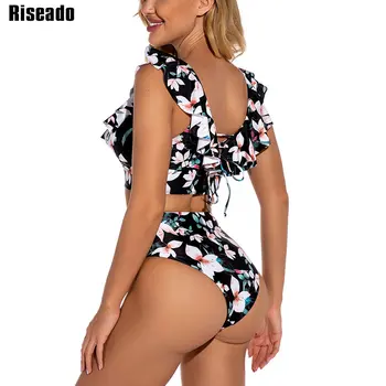 Riseado Push Up Bikinis Aukšto Juosmens maudymosi kostiumėlį Gėlių Spausdinti maudymosi Kostiumėliai Moterims, 2021 Pynimas Maudymosi Kostiumą, V-kaklo, Paplūdimio Nėrinių Biquini