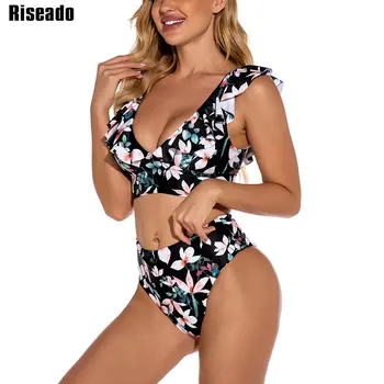 Riseado Push Up Bikinis Aukšto Juosmens maudymosi kostiumėlį Gėlių Spausdinti maudymosi Kostiumėliai Moterims, 2021 Pynimas Maudymosi Kostiumą, V-kaklo, Paplūdimio Nėrinių Biquini