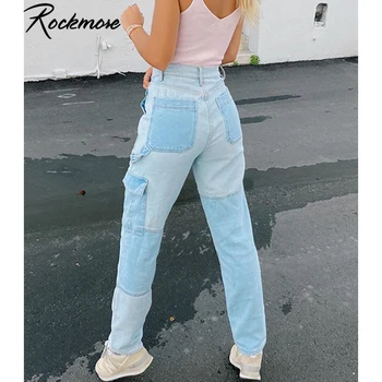 Rockmore Kratinys Moterų Džinsai Vintage Prarasti Pločio Kojų Kelnės Ponios Kišenės Streetwear High Waisted Jean Džinsinio audinio Kelnės Atsitiktinis