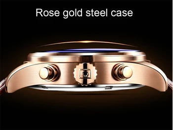 Rose aukso atveju blue dial Mechaninė Automatinė Vyrų Multi-funkcija Žiūrėti Mados Prabangos Prekės Oda Verslo Laikrodžiai Relogio
