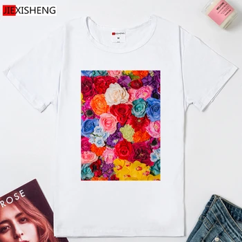 Rose spausdinti Moterų marškinėliai Vasaros Hipster Atsitiktinis Marškinėlius trumpomis rankovėmis apvalios kaklo Kvėpuojantis t-shirt Marškinėliai Femme