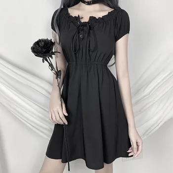 Rosetic Naujos Linijos, Gotikinių Suknelė Moterims Vasaros Preppy Stilius, Elegantiškos Off Peties Juoda Nėrinių Backless Mini Trumpos Suknelės Goth Girl