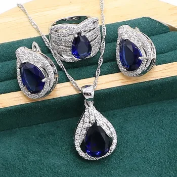 Royal Blue Sapphire 925 Sterlingas Sidabro Papuošalų rinkinys Moterims, Apyrankė Hoopas Auskarai, Karoliai, pakabukas, Žiedas