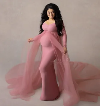 Rožinė Motinystės Suknelės Fotografijos Rekvizitai Shoulderless Nėštumo Ilga Suknelė Tampri, Baby Shower Fotosesiją Medvilnės Suknelė