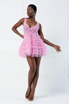 Rožinė Ruffles Pakopų Mini Moterų Suknelės, Dvigubos V-kaklo-line Trumpas Yong Mergina Naujųjų Metų Šalis Suknelė Akių Maxi Drabužiai
