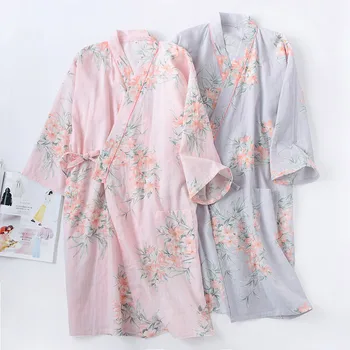 Rožinės Spalvos Gėlių Spausdinti Kimono Yukata Suknelė Moterims Sleepwear Pavasario Vasaros Medvilnės Marlės, Chalatas Pižamą Japoniško Stiliaus Namų Suknelė