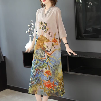 Rudens dress moterų 2019 naujas ponios temperamentas Kinų stiliaus V-kaklo retro spausdinti vidutinio ilgio šifono suknelė vasarai
