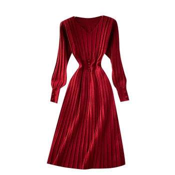 Rudens, Žiemos, Derliaus Moterų Megzti Suknelę 2020 Elegantiškas V-Kaklo Temperamentas ilgomis Rankovėmis Juostele Megztinis Moteriška Suknelė