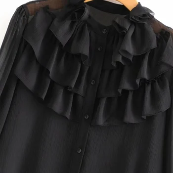 Rudenį 2019 moterų naujos apvalios kaklo, ilgomis rankovėmis laminuota apdailos permatomi marškinėliai su ruffles apdailos shirt03666194800