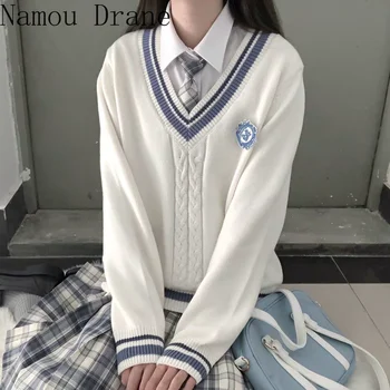Rudenį Aukštos Kokybės Megztinis Japonų Stiliaus Studentai Mokyklos Vienodos V-kaklo Mergaičių, Moterų Megztinis ilgomis Rankovėmis mokyklines Uniformas