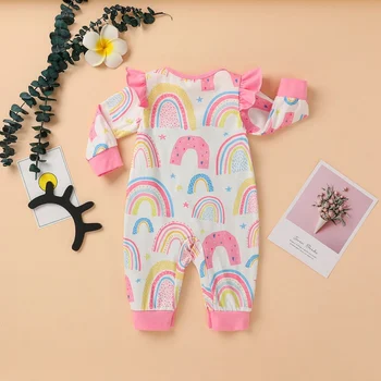 Rudenį Baby Girl Vaivorykštė Spausdinti Romper Naujagimiui Kūdikių Susiėmę Ilgomis Rankovėmis Jumpsuit Bamblys Drabužių Komplektus Clothes43