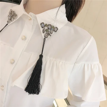 Rudenį granulių darbo apykakle balti marškinėliai moterims sudents kutas apykakle balti marškinėliai topai moteris raukiniai, palaidinukės