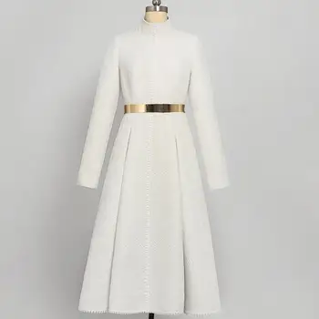 Rudenį ir Žiemą OLIS Baltas vilnonis suknelė-line Moterų stovėti apykaklės, Elegantiškas Temperamentas aukšto juosmens suknelė