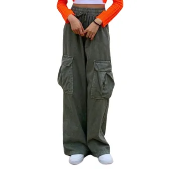Rudenį korėjos vientisa Spalva mergina retro darbo drabužiai moterų atsitiktinis palaidų pločio kojų kelnės hip-hop Krovinių kelnės Kišenėje Nėrinių kelnės