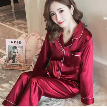 Rudenį Moterų Pajama Komplektai Dirbtiniais Šilko Satino Pijama Sleepwear Ilgomis Rankovėmis Didelio Dydžio Ponios Pižamos 2 Vnt Homewear Naktiniai Drabužiai