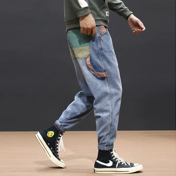 Rudenį Naujai Mados Vyrų Džinsai Spalvinga Pleistras Kišenė Dizaineris Haremo Kelnės Palaidi Tinka Mėlyna Juoda Streetwear Hip-Hop Džinsai Vyrams