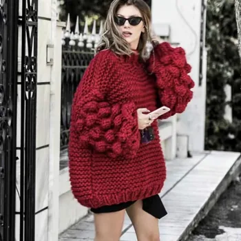 Rudenį Šiurkščiavilnių vilnos rankų darbo megztas Megztinis moterims Pusę golfo tingus Grubus vilnos Megzti Žibintų Rankovėmis 3D Siūlų Kamuolys Megztinis