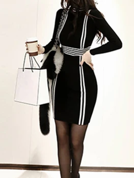 Rudenį Žieminiai Drabužiai, Moterų Megzti Suknelę Juoktis Kaklo Dryžuotas Bodycon Mini Suknelės Slim Tampri ilgomis Rankovėmis OLIS D00902A
