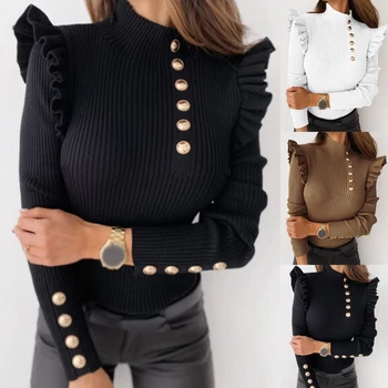 Rudenį, Žiemą Moterų Marškiniai Megztinis Ilgomis Rankovėmis Šonkaulio Palaidinė Golfo Mygtukai Pynimas Plius Dydžio Megztinį
