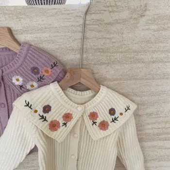 Rudenį, Žiemą, Vaikų ilgomis Rankovėmis Gėlių Siuvinėjimas Didelis Atvartas Trikotažas Merginos Megztinis Mezgimo susagstomi megztiniai Vaikams Kailio Viršutiniai drabužiai